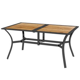 Patio Table with Umbrella Hole, Outdoor Table for 6 People, Steel Frame for Backyard, Lawn Balcony, Brown