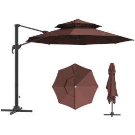11ft Cantilever Patio Umbrella with Base, Double Top Hanging Aluminum Offset Umbrella with 360° Rotation, Easy Tilt, 8 Ribs, Crank