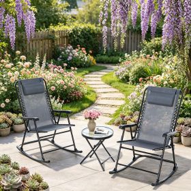 Gray Outdoor Folding Rocking Chair Set with Side Table 2 Rocking Chairs And 1 Table with Tempered Glass Armrests for Patio Seating