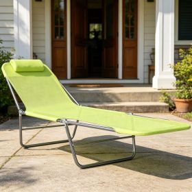 Green Folding Chaise Lounge Pool Chair Outdoor Sun Tanning Reclining Back with Pillow Steel Frame Breathable Mesh for Beach Yard Patio