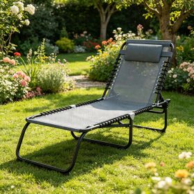 Gray Folding Chaise Lounge Pool Chair 4-Position Reclining Back Breathable Mesh Bungee Seat for Comfortable Poolside Relaxation