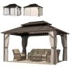 10' x 14' Hardtop Gazebo with Double Galvanized Steel Roof Canopy, Aluminum Frame Permanent Gazebo, Brown