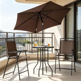 Brown 4 Piece Outdoor Bar Set with Umbrella Wave Textured Tempered Glass Table Patio Dining Set with 2 Folding Chairs for Backyard Garden Deck Poolsid