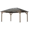 12' x 16' Hardtop Gazebo with Galvanized Steel Roof, UPF50+ Wood Permanent Pavilion with Clear Roof Top, Light Walnut