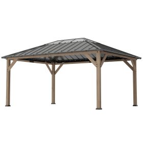 12' x 16' Hardtop Gazebo with Galvanized Steel Roof, UPF50+ Wood Permanent Pavilion with Clear Roof Top, Light Walnut