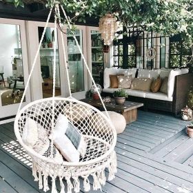 Hammock Chair Macrame Swing Chair Handmade Knitted Hanging Cotton Rope Chair for Indoor/Outdoor Home Patio Deck Yard Garden Reading Leisure Beige
