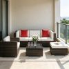 6 Piece Outdoor Patio Furniture Set PE Rattan Wicker Sectional Sofa with Ottoman Tempered Glass Table Mixed Brown & Cream White All-Weather Cushioned