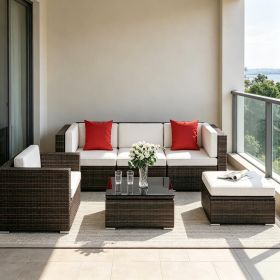 6 Piece Outdoor Patio Furniture Set PE Rattan Wicker Sectional Sofa with Ottoman Tempered Glass Table Mixed Brown & Cream White All-Weather Cushioned
