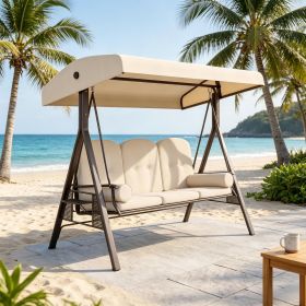 Three beige terrace swing chairs with adjustable ceiling, detachable cushions, and side trays, suitable for balconies and backyards