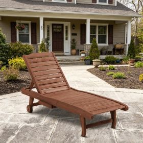 Outdoor Wooden Chaise Lounge Chair with Adjustable Backrest Built-In Table Rolling Wheels for Poolside Sunbathing Brown Red