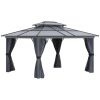 10' x 12' Hardtop Gazebo Canopy with Polycarbonate Roof, Aluminum Frame, Permanent Pavilion Outdoor Gazebo with Netting, for Patio, Garden, Backyard