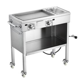 Outdoor Propane Griddle, 2 Burners (11,600 BTU Each), Commercial Stainless Steel Gas Griddle Cart with 4 Lockable Wheels, 1/3 Food Pan, Easy-Grip Side