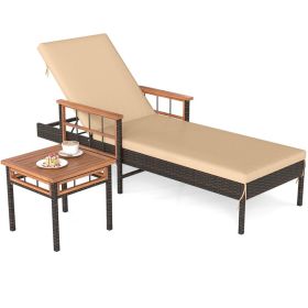 Outdoor Chaise Lounge with Side Table, 79" Mix Brown PE Rattan Recliner 4-Gear Backrest 400LBS Capacity with Acacia Wood, Beige Cushion