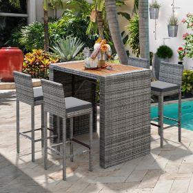 GO 5-pieces Outdoor Patio Wicker Bar Set, Bar Height Chairs With Non-Slip Feet And Fixed Rope, Removable Cushion