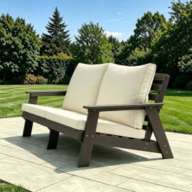 HIPS Loveseat with Cushion, Wood Grain Outdoor Garden Sofa, Sofa Set for Porch, Poolside, Terrace, and Yard Grey/Beige