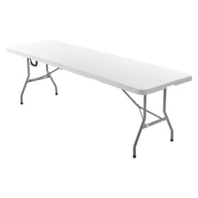 Folding Table, 8 Ft Heavy Duty Portable Fold-in-Half Utility Table, Indoor Outdoor Plastic Rectangle Table with Built in Handle, for Party, Dining