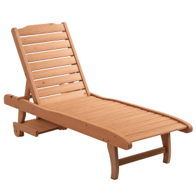 Chaise Lounge Chair Outdoor Wooden Pool Lounge Chair with 3-level Adjustable Backrest, Built-In Table and Rolling Wheels