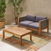 Patio Loveseat and Coffee Table Set, Patio Furniture Set with Cushion, Acacia Wood Frame Conversation Set for Garden, Backyard, Porch and Poolside, Mi