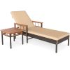 Outdoor Chaise Lounge with Side Table, 79" Mix Brown PE Rattan Recliner 4-Gear Backrest 400LBS Capacity with Acacia Wood, Beige Cushion