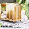 Outdoor Grill Cart with Stainless Steel Top, Solid Wood Outdoor Kitchen Island with Wheels, Natural Wood