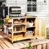 Outdoor Grill Cart with Stainless Steel Top, Solid Wood Outdoor Kitchen Island with Wheels, Natural Wood