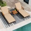 Outdoor Chaise Lounge with Side Table, 79" Mix Brown PE Rattan Recliner 4-Gear Backrest 400LBS Capacity with Acacia Wood, Beige Cushion