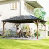 12' x 16' Hardtop Gazebo with Galvanized Steel Roof, UPF50+ Wood Permanent Pavilion with Clear Roof Top, Light Walnut
