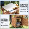 Outdoor Grill Cart with Stainless Steel Top, Solid Wood Outdoor Kitchen Island with Wheels, Drawer, Side Handle, Brown