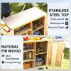 Outdoor Grill Cart with Stainless Steel Top, Solid Wood Outdoor Kitchen Island with Wheels, Natural Wood