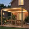 10' x 10' Louvered Pergola with Solar LED lights, Metal Roof, Outdoor Pergola Patio Gazebo with Drainage Gutters, Brown