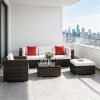 6 Piece Outdoor Patio Furniture Set PE Rattan Wicker Sectional Sofa with Ottoman Tempered Glass Table Mixed Brown & Cream White All-Weather Cushioned
