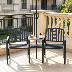Black Metal Garden Bench 2-in-1 Double Patio Chairs with Middle Table And Umbrella Hole Outdoor 2-Person Tete-a-Tete Slatted