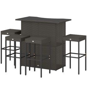 5 Piece Rattan Wicker Bar Set, High Top Outdoor Table and Chairs, Bar Height Patio Set, 2 Shelves & 4 Bar Stools, Brown