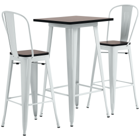 3 Piece Industrial Dining Table Set, Bar Height Bar Table and Chairs Set with Footrests for Bistro, Pub, White and Brown