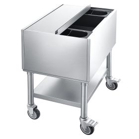 Commercial Ice Bin, 65.1 Qt Max Capacity, 24 x 19 x 35 Inch Stainless Steel Ice Chest with Sliding Lid and Bottle Holders, Cooler Cart Cocktail Unit f
