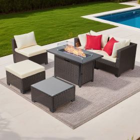 6-Piece Outdoor Patio Furniture Set, Wicker Rattan Outdoor Sectional Conversation Set with 50000BTU Propane Fire Pit Table, Cushioned Sofas