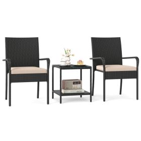 3-Piece Patio PE Wicker Bistro Set, Tempered Glass 2-Tier Side Table Outdoor Chair Set-Beige