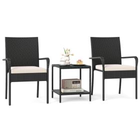 3-Piece Patio PE Wicker Bistro Set, Tempered Glass 2-Tier Side Table Outdoor Chair Set-White
