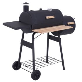 Charcoal BBQ, Portable Grill with Wheels, All-in-One Grill, Side vent, Two Shelves and Metal Grating, Lit-Mounted Thermometer, Wooden Handle, for Outd