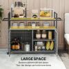 2-Tier Shelf PE Rattan Outdoor Bar Table, Glass Top Outdoor Serving Cart with Cabinet, Mixed Gray