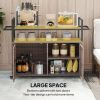 2-Tier Shelf PE Rattan Outdoor Bar Table, Glass Top Outdoor Serving Cart with Cabinet, Mixed Brown