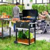 Charcoal BBQ Grill, Outdoor Portable Cooker for Camping or Backyard Picnic, Barbecue Grill with Side Table, Bottom Storage Shelf, Wheels and Handle, B