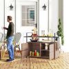 2-Tier Shelf PE Rattan Outdoor Bar Table, Glass Top Outdoor Serving Cart with Cabinet, Mixed Brown
