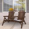 2-Seat Wooden Adirondack Chair, Patio Bench with Table, Outdoor Loveseat Fire Pit Chair for Porch, Backyard, Deck, Carbonized