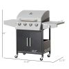 52" Barbecue Grill with Wheels, 4+1 Burner Liquid Propane Gas Grill, Outdoor Cabinet Style BBQ Trolley w/ Side Burner, Warming Rack, Silver