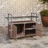 2-Tier Shelf PE Rattan Outdoor Bar Table, Glass Top Outdoor Serving Cart with Cabinet, Mixed Brown
