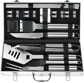 22PCS Heavy Duty BBQ Grill Accessories Set, Non-Slip Grill Tools for Outdoor Grill Set Stainless Steel Grill Utensils Set (Color: Silver)