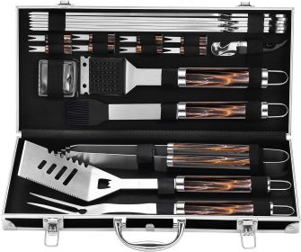 BBQ Accessories Grill Tools Set - 22PCS Stainless Steel Barbecue Grill Accessories for Outdoor Grill with Black Aluminum Case - Christmas Grilling Gif (Color: Flamed Pattern)