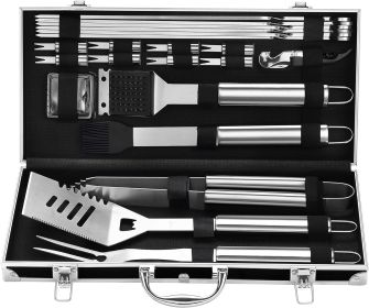 BBQ Accessories Grill Tools Set - 22PCS Stainless Steel Barbecue Grill Accessories for Outdoor Grill with Black Aluminum Case - Christmas Grilling Gif (Color: Sliver)