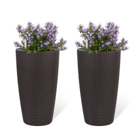 Set of 2 Faux Rattan Tall Planters Outdoor Indoor Large Planters with Water Level Monitor Inner Bucket, Automatic Watering (Color: as Pic)